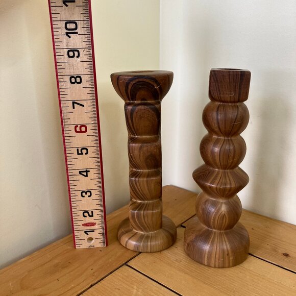Brown Ceramic Taper Candle Holders Vintage Set of 2 Wood-Look Glaze 8" Tall - Picture 3 of 6